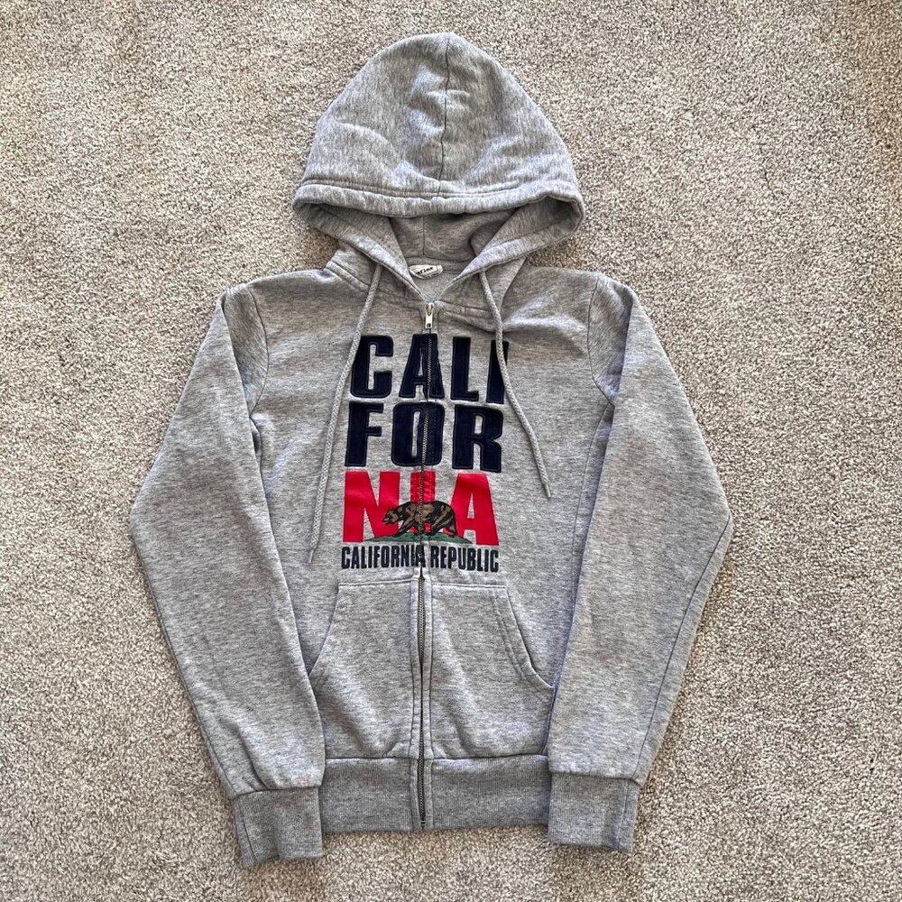 Y2K Vintage California Republic Embroidered Bear Gray Hooded Jacket S - Picture 1 of 7
